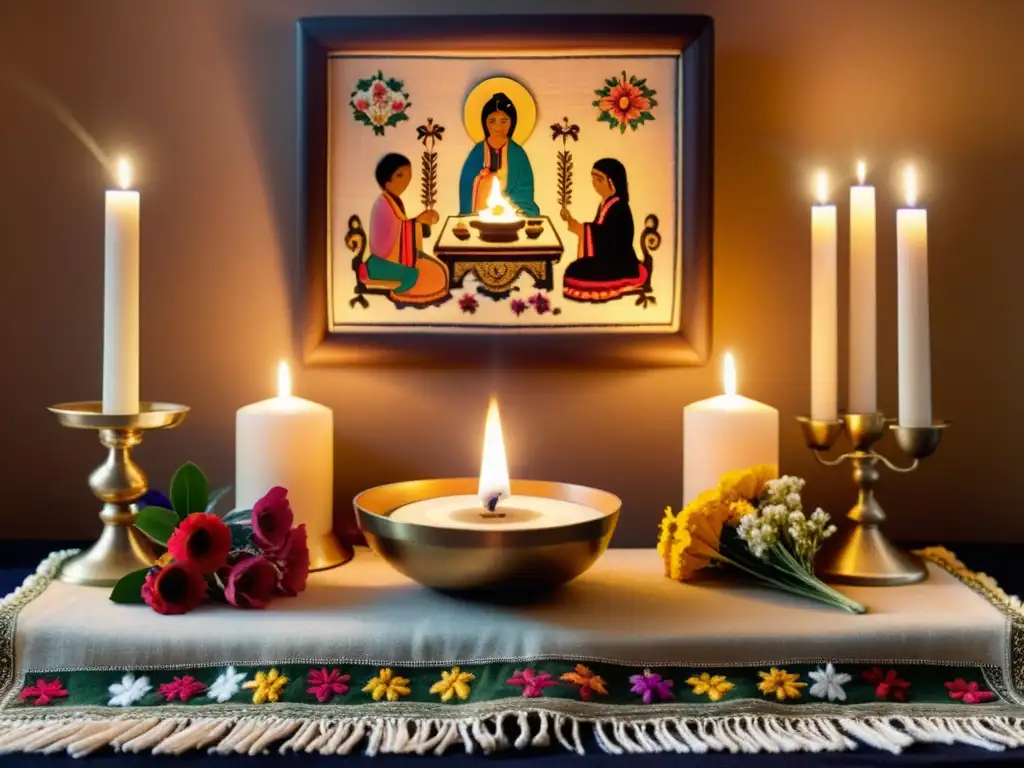 Una familia se reúne alrededor de un altar, participando en una hermosa práctica de rituales familiares en curso