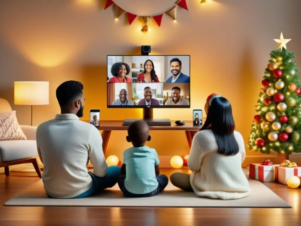 Una familia sonríe al participar en una celebración virtual, adaptando festividades a distancia social con decoraciones festivas y calidez en la pantalla del ordenador