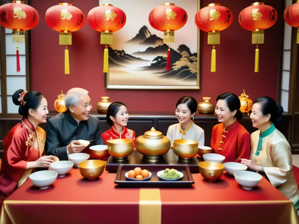 Una familia china se reúne en el Año Nuevo Chino, compartiendo rituales vino de arroz en un ambiente cálido y festivo