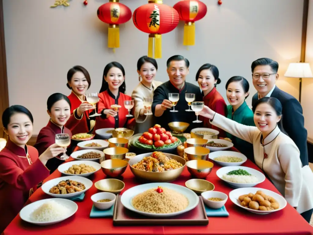 Una familia china se reúne para celebrar el Año Nuevo con rituales vino de arroz, rodeados de decoraciones rojas y doradas