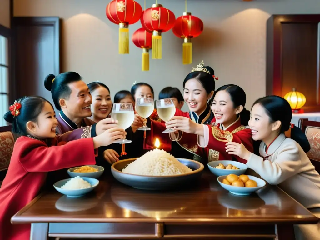 Una familia china celebra el Año Nuevo, con rituales, vino de arroz y vínculos familiares, en una imagen detallada y emotiva