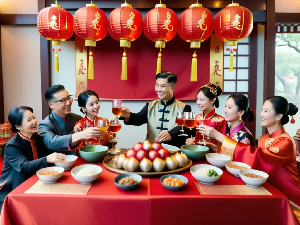 Una familia china celebra el Año Nuevo Chino alrededor de una mesa decorada, levantando sus copas de vino de arroz en un emotivo brindis
