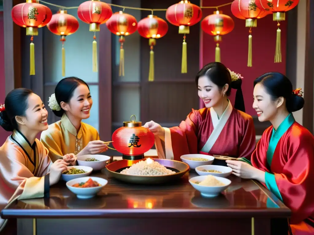 Una familia china se reúne alrededor de una mesa decorada, brindando con vino de arroz en el Año Nuevo Chino bajo brillantes linternas rojas