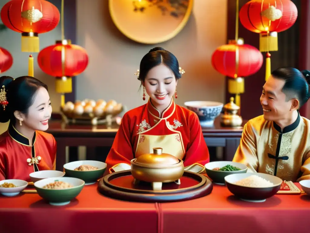 Una familia china tradicional celebra los rituales de vino de arroz en el Año Nuevo Chino, con platos y copas en una mesa decorada con rojo y oro