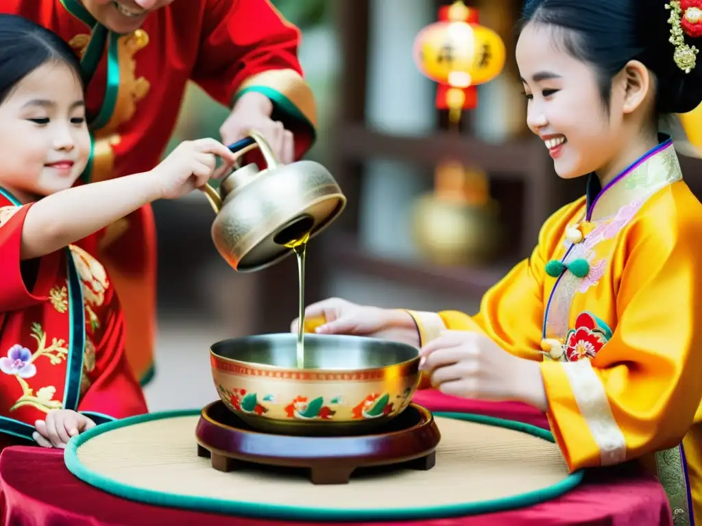 Una familia china vierte vino de arroz en copas durante el vibrante Año Nuevo Chino, evocando tradición y alegría