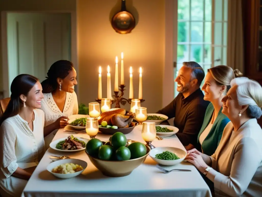 Una familia disfruta de un festín alrededor de una mesa iluminada por velas, evocando el significado de los rituales culinarios ancestrales