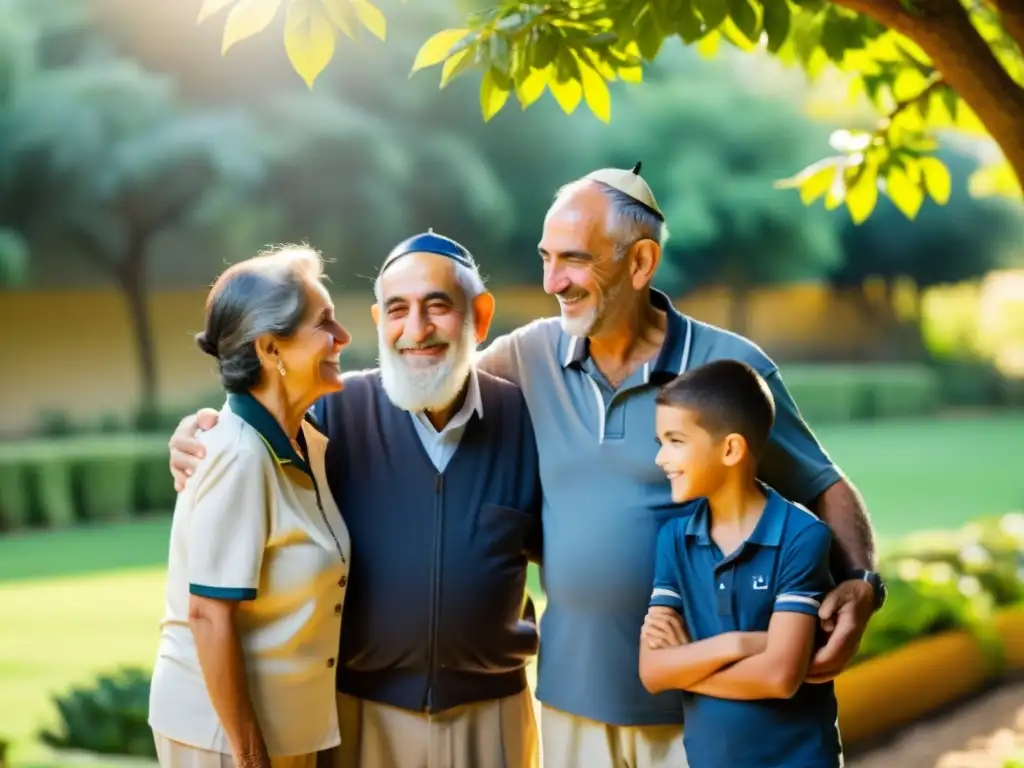 Una familia judía de tres generaciones con kipá, orgullosa y unida en un jardín soleado