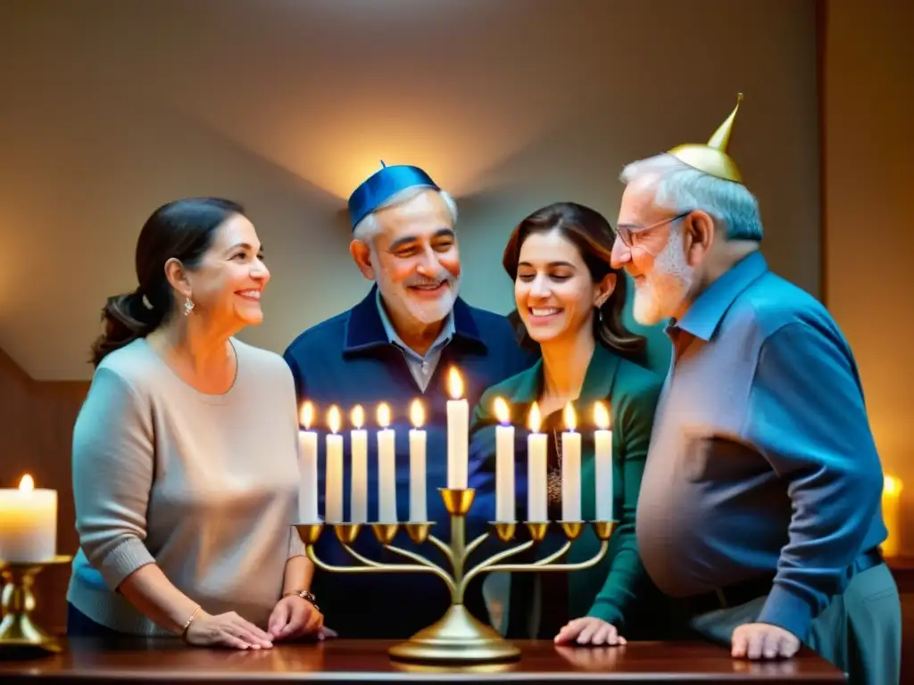 Una familia de cuatro generaciones celebra las prácticas festivas de Hanukkah, iluminando la menorá en un ambiente cálido y tradicional