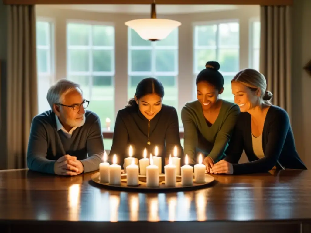 Una familia se reúne en su hogar vacío para realizar rituales de despedida al mudarse, rodeando velas en círculo