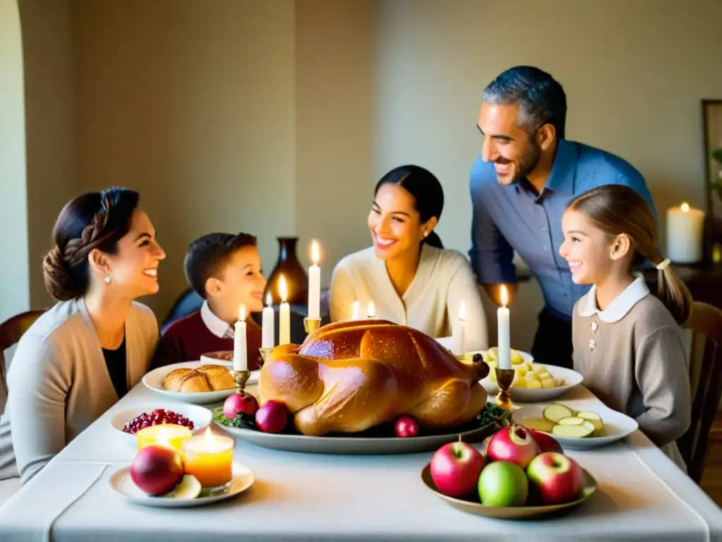 Una familia se reúne alrededor de una mesa festivamente decorada con alimentos tradicionales de Rosh Hashaná, expresando la calidez y la alegría de las costumbres del Año Nuevo Judío