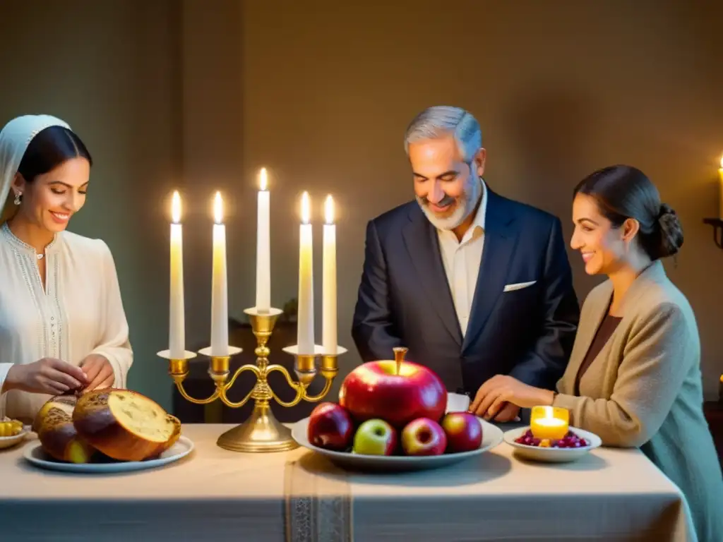 Una familia se reúne alrededor de una mesa bellamente decorada para celebrar el Año Nuevo Judío, con costumbres tradicionales y una atmósfera serena iluminada por velas