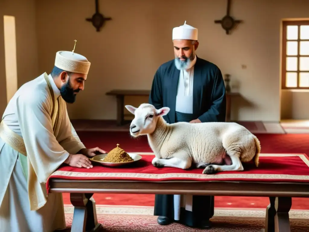 Una familia se reúne alrededor de una mesa, el padre se prepara para el Sacrificio de Ismael en el Islam, con reverencia y solemnidad