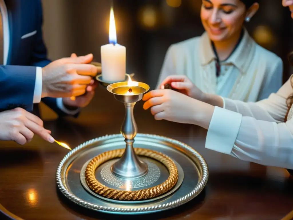 Una familia se reúne alrededor de la mesa para el Ritual del Havdalah en cultura judía, unidos en reverencia y tradición