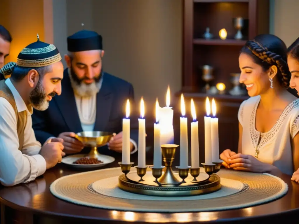 Una familia judía se reúne alrededor de la mesa para realizar el Ritual del Havdalah en cultura judía, con una atmósfera cálida y solemne