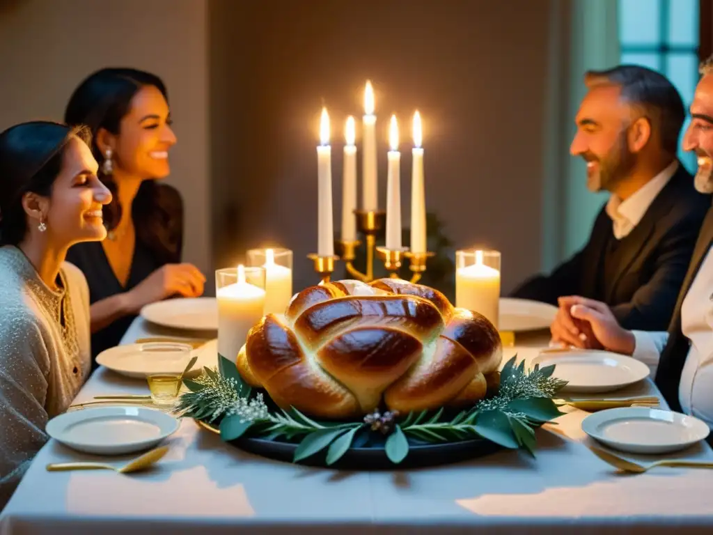 Una familia canta en armonía alrededor de la mesa de Shabat, iluminada por velas