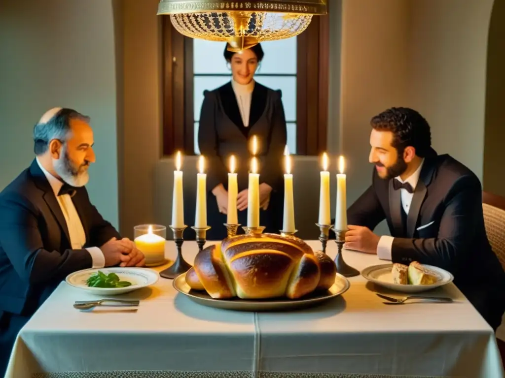 Una familia judía se reúne alrededor de una mesa de Shabat, con velas encendidas, pan jalá y vino, evocando las antiguas tradiciones de Kabalat Shabat