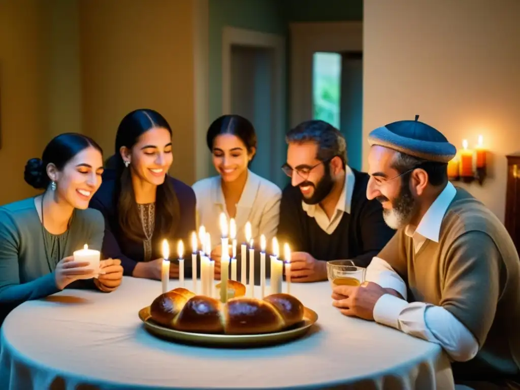 Una familia judía se reúne alrededor de la mesa del Shabbat, con velas encendidas, pan challah y cantos de oración
