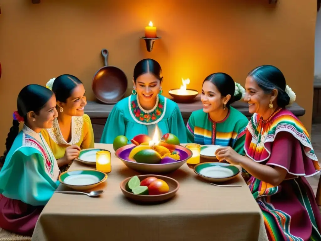 Una familia mexicana disfruta de los rituales de mesa en familia en una escena cálida y auténtica, con comida fresca y colorida