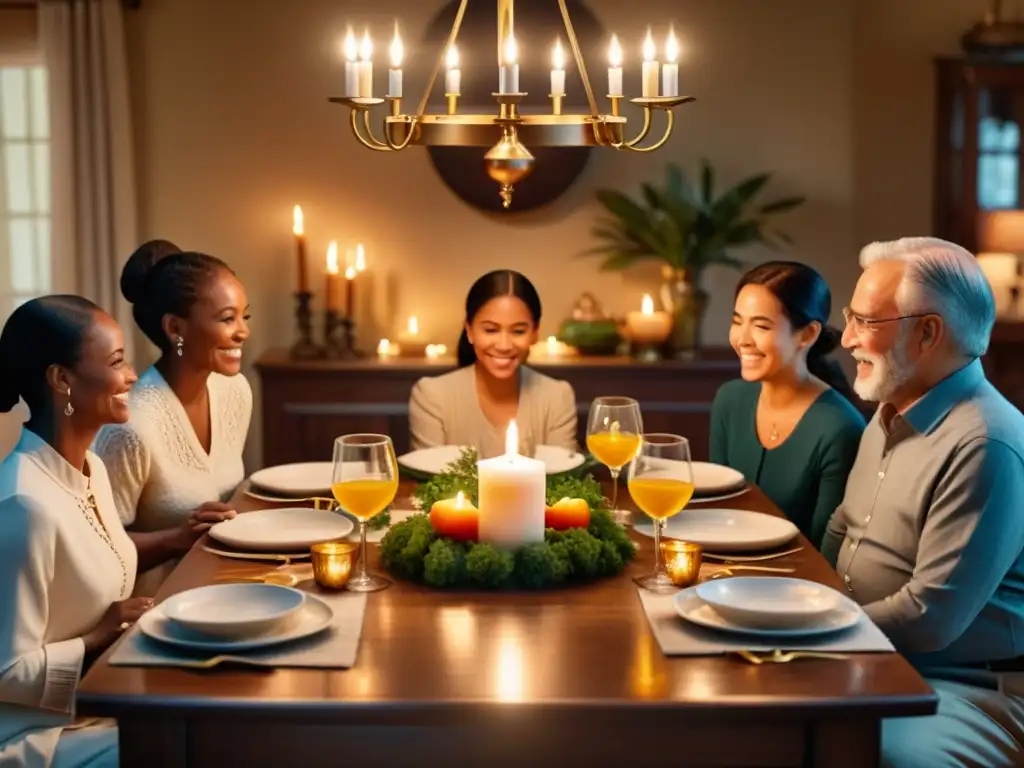 Una familia multigeneracional compartiendo rituales familiares alrededor de una mesa bellamente decorada, preservando tradiciones en el hogar