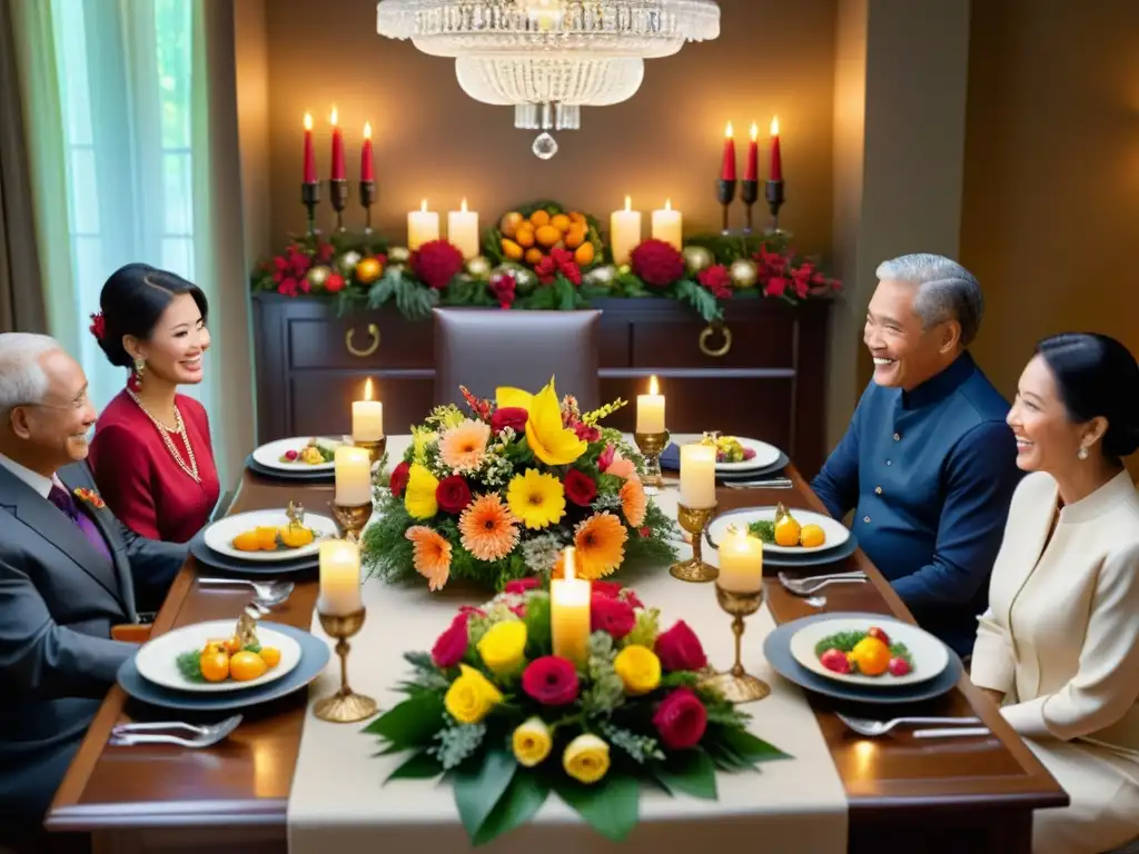 Una familia multigeneracional celebra rituales y tradiciones familiares en casa durante el Año Nuevo, en torno a una mesa exquisitamente decorada