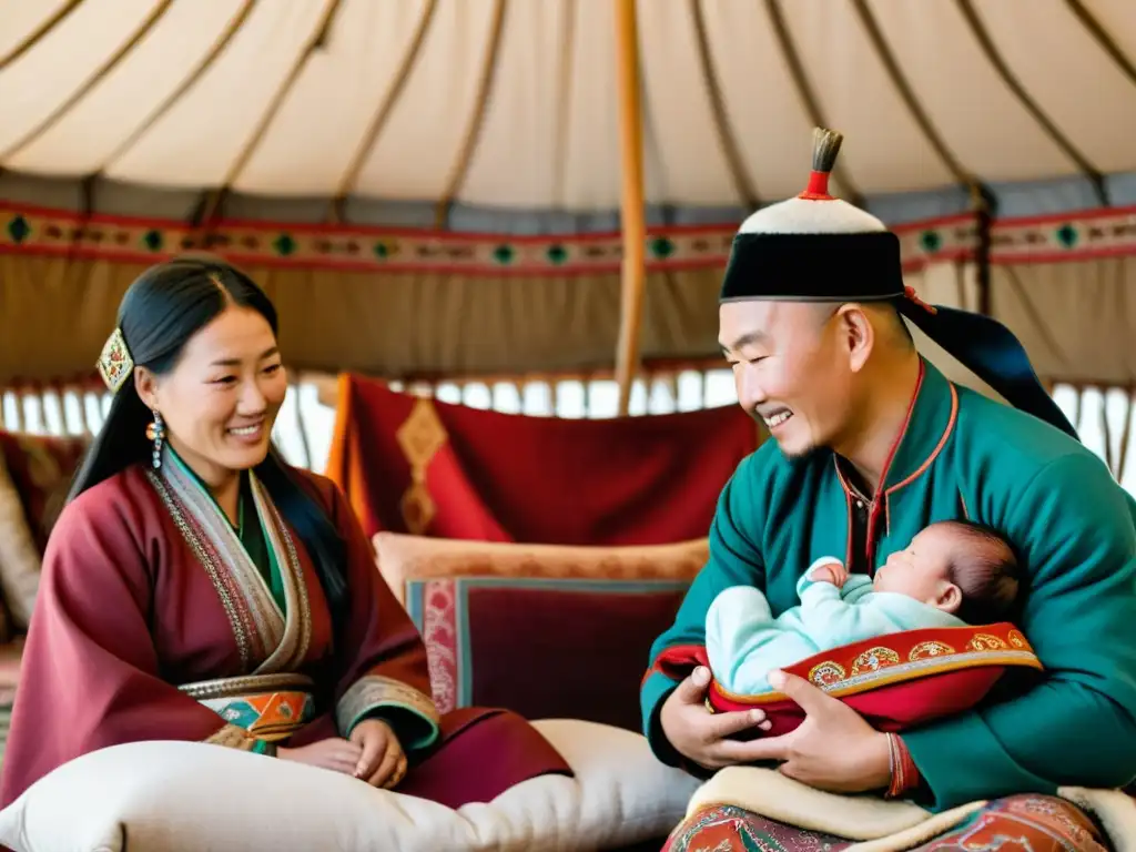 Una familia nómada mongola celebra una ceremonia de nacimiento en su yurta, con vestimenta tradicional colorida y una atmósfera cálida y reverente