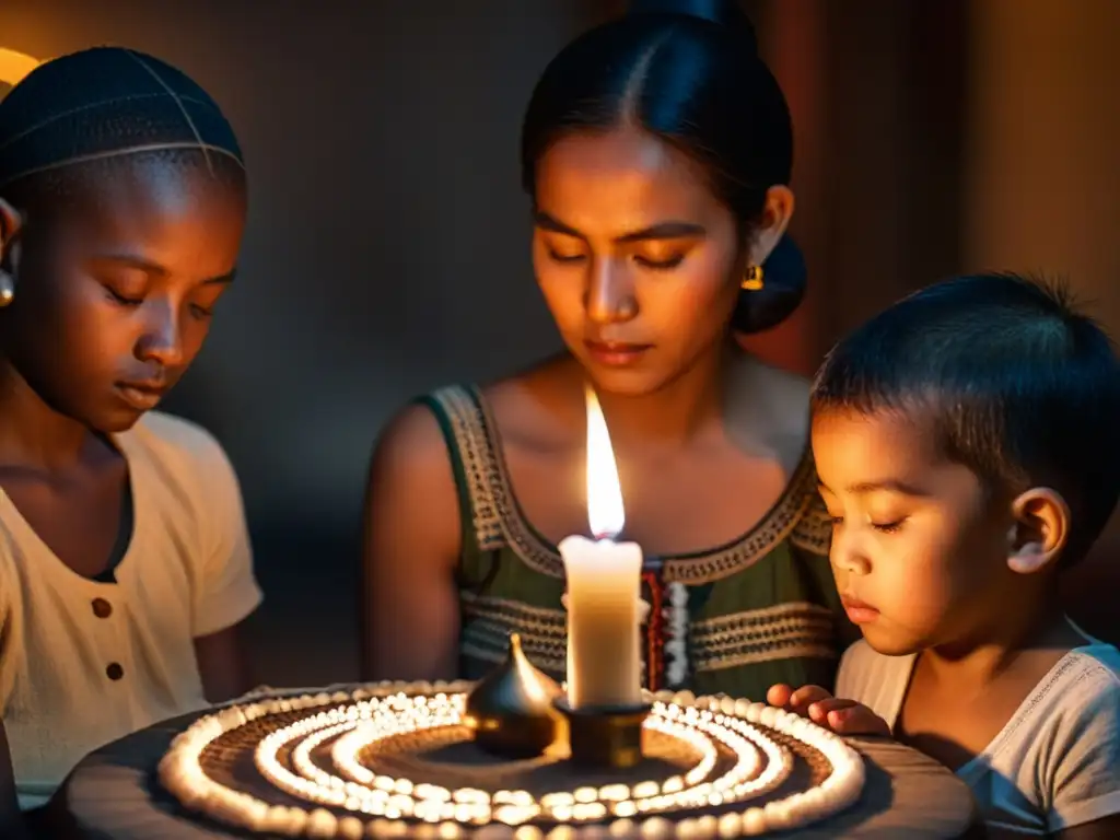 Una familia participa en una práctica de rituales familiares en curso, concentrados y en conexión, iluminados por la suave luz de las velas