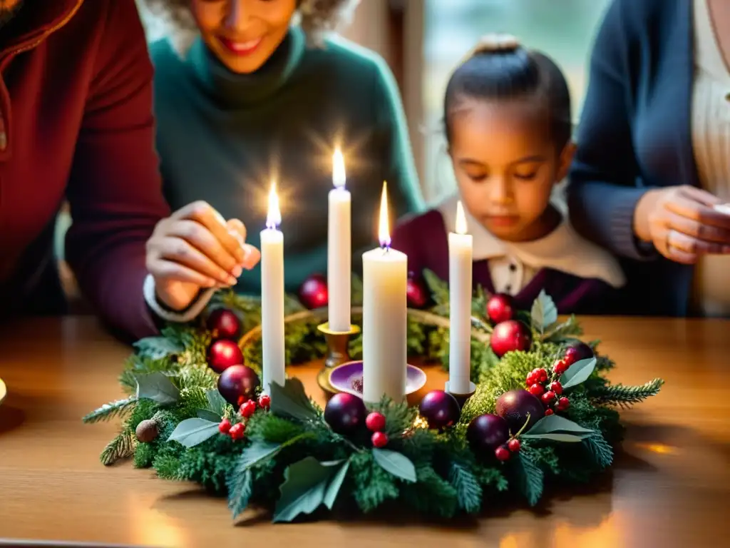 Una familia enciende la primera vela del Adviento, mostrando la cálida luz mientras se reúnen alrededor de la mesa