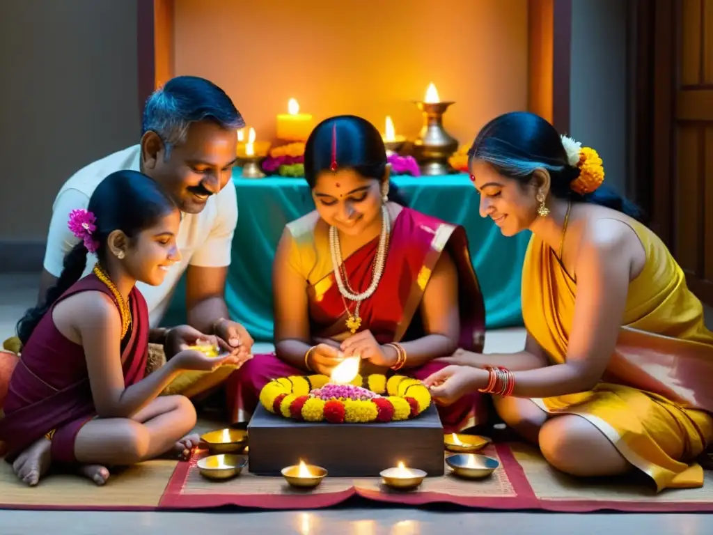 Una familia hindú realiza la puja en su altar hogareño, con ofrendas y coloridos adornos