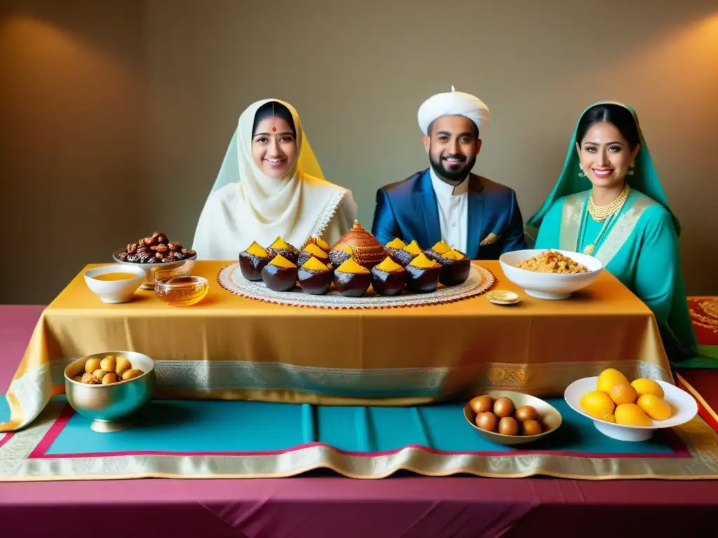 Una familia reunida alrededor de una mesa adornada para el Aqiqah islámico para recién nacidos, creando una atmósfera cálida y espiritual
