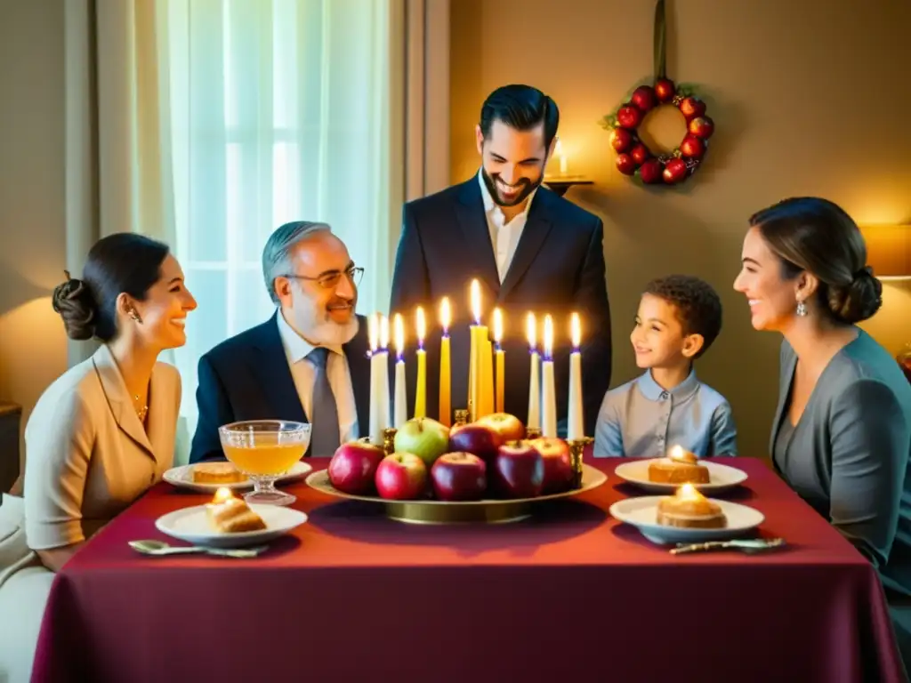 Una familia reunida alrededor de una mesa decorada para celebrar el Año Nuevo Judío, con costumbres y alimentos tradicionales