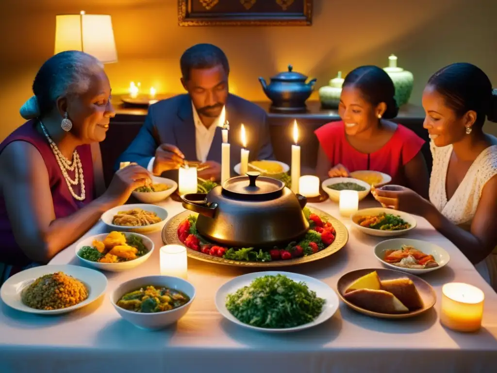 Una familia reunida alrededor de una mesa, iluminada por velas, participando en un ritual culinario ancestral significativo