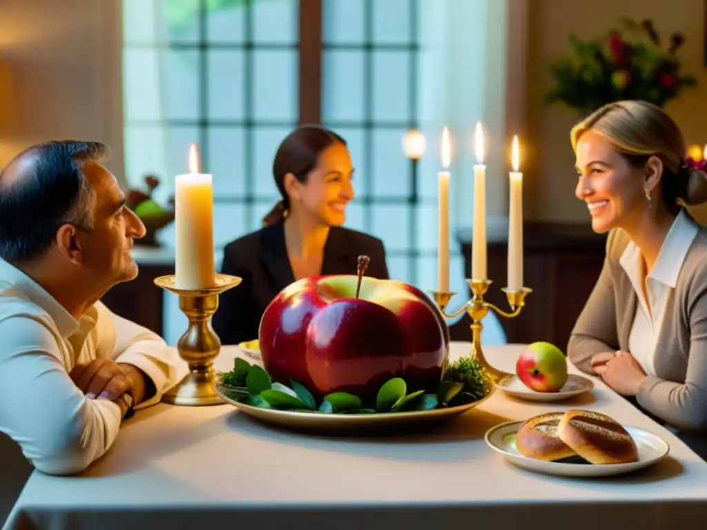 Una familia reunida en la mesa para los rituales de reflexión en Rosh Hashaná, con alimentos tradicionales y una atmósfera serena de luz de velas