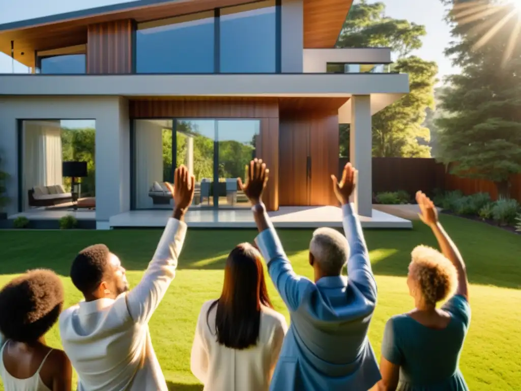 Una familia realiza rituales de bienvenida para viviendas en su casa suburbana moderna, bajo la cálida luz del sol