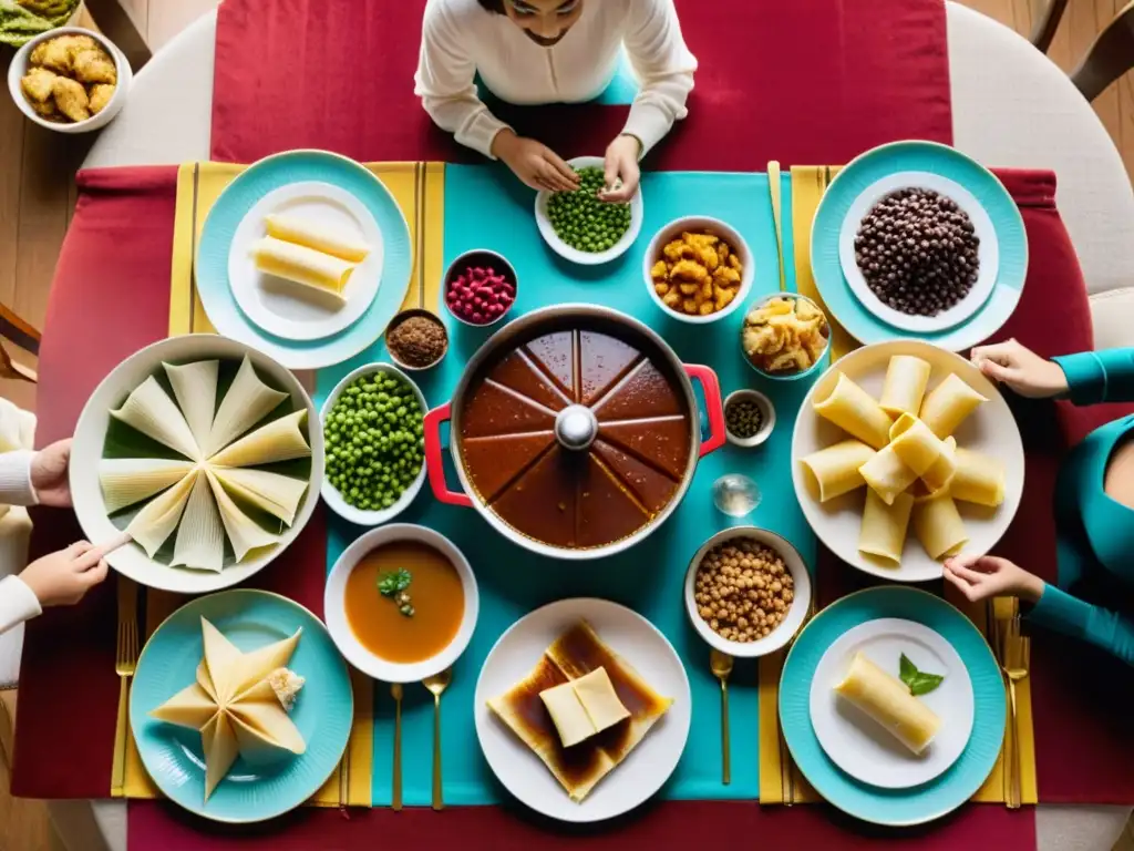 Una familia disfruta de rituales de comida festiva de Año Nuevo alrededor de una mesa festivamente decorada con platos de diferentes culturas, como tamales, dumplings, y pomegranates