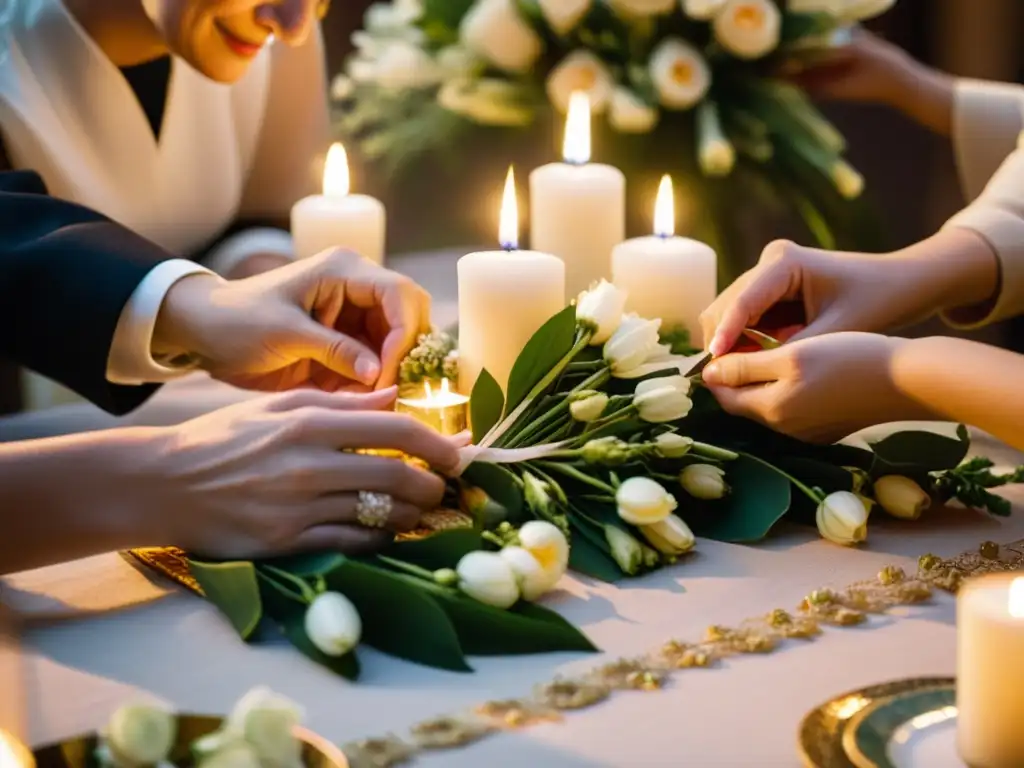 Una familia preparando rituales y tradiciones familiares en casa, decorando una mesa con detalles delicados para una boda, entre risas y concentración