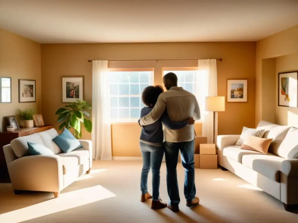 Una familia abrazándose en una sala iluminada por el sol, rodeada de cajas y muebles cubiertos