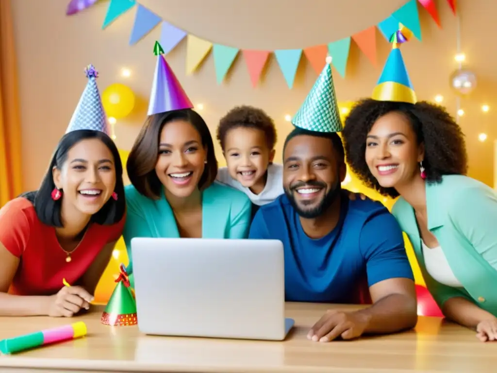 Una familia sonriente celebra a distancia social