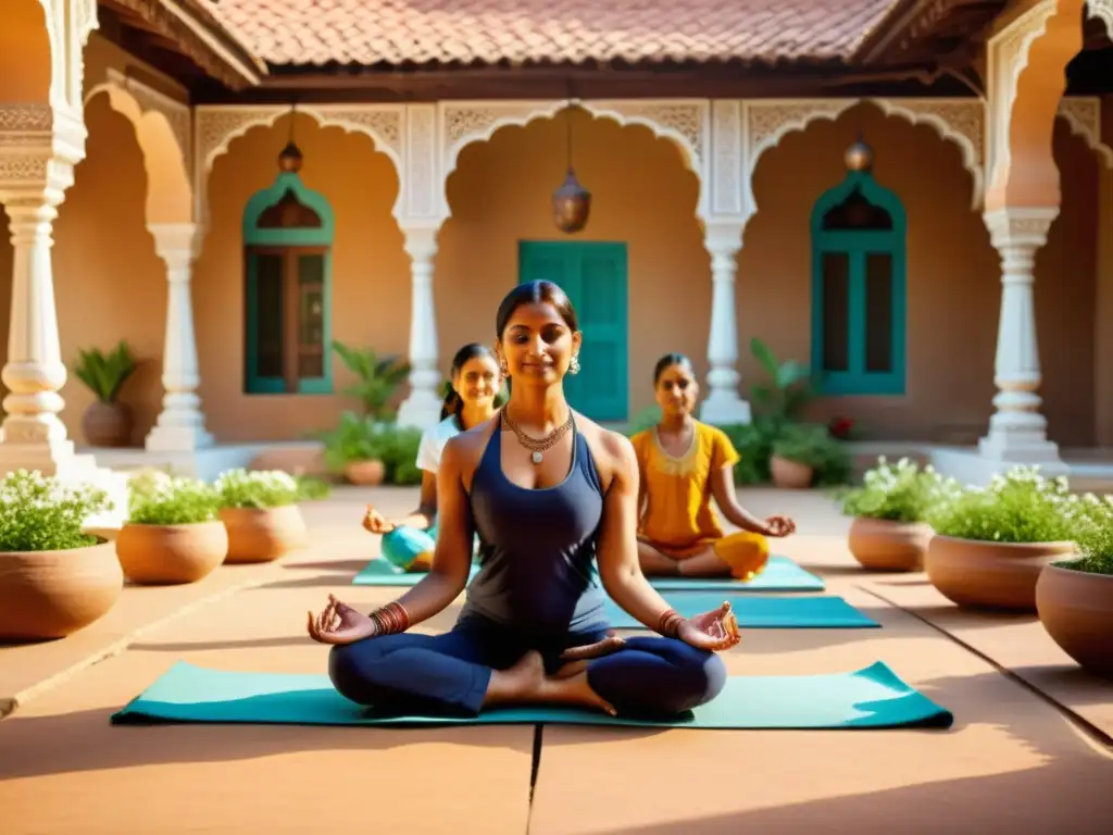 Una familia tradicional india practica yoga juntos en un patio soleado, rodeados de flores vibrantes y decoraciones tradicionales