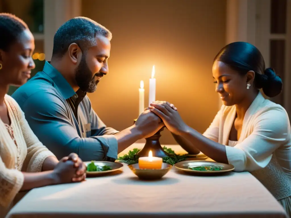 'Una familia unida en oración antes de la comida, evocando rituales de la Sagrada Familia