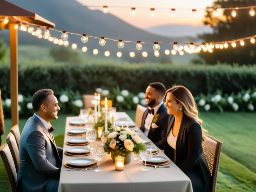 Celebración familiar en un espacio al aire libre decorado con luces y detalles elegantes al atardecer