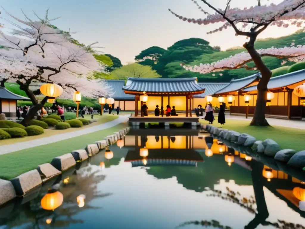 Tranquil paseo de yukatas en el festival Obon Familias en festival japonés honran ancestros con yukatas, linternas y sakuras en jardín iluminado