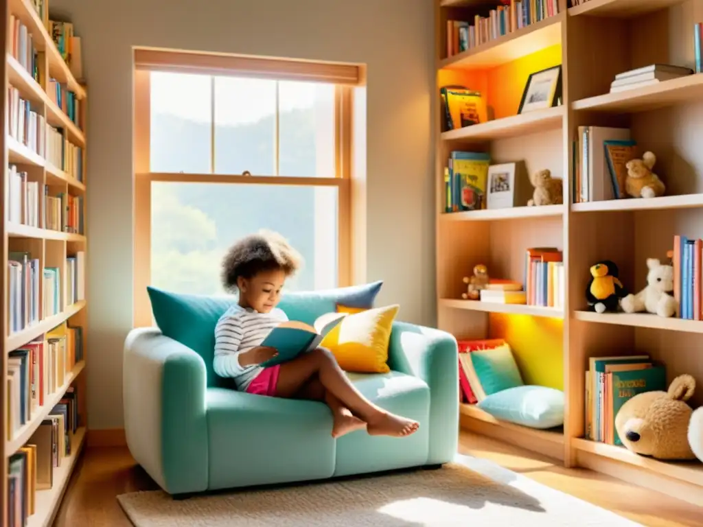 Niño feliz leyendo en rincón acogedor con libros coloridos