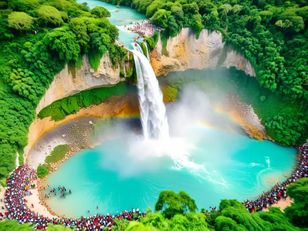 Fervoroso ritual del Saut d'Eau en Haití: devotos visten blanco junto a la vibrante cascada rodeada de exuberante vegetación