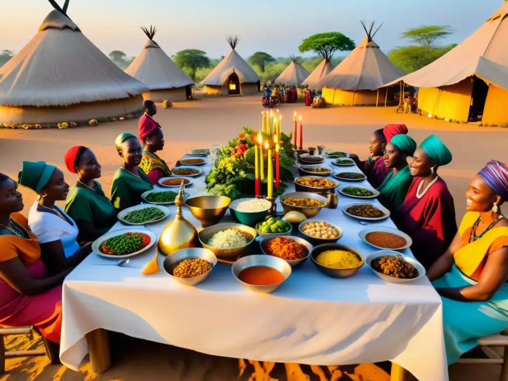 Un festín tradicional africano al atardecer, con rituales gastronómicos sagrados mundo y comida exótica vibrante