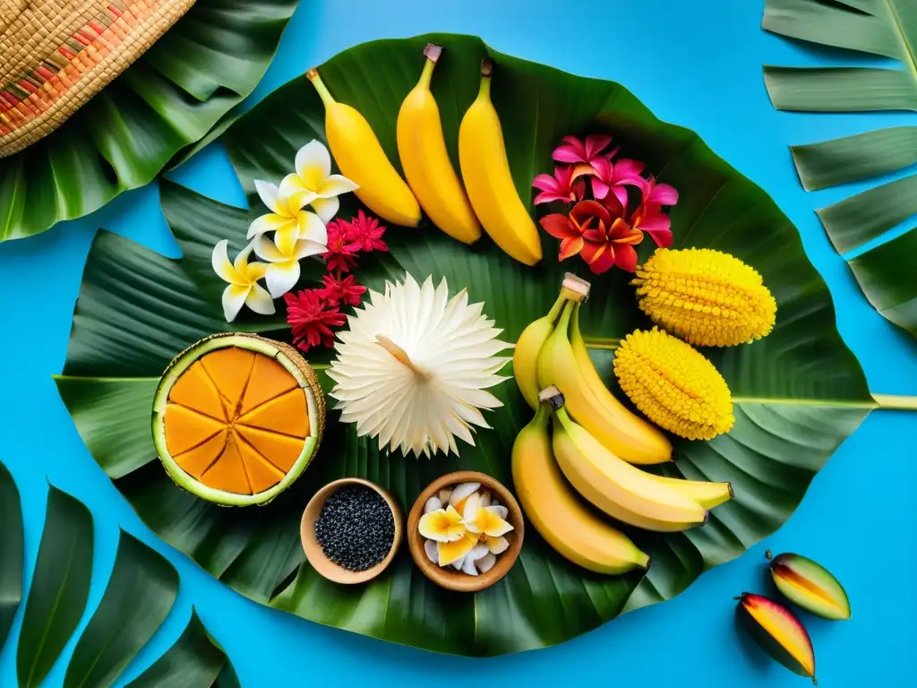 Un festín tradicional polinesio con frutas coloridas, cerdo asado, pescado y raíz de taro, rodeado de cestas tejidas y flores tropicales