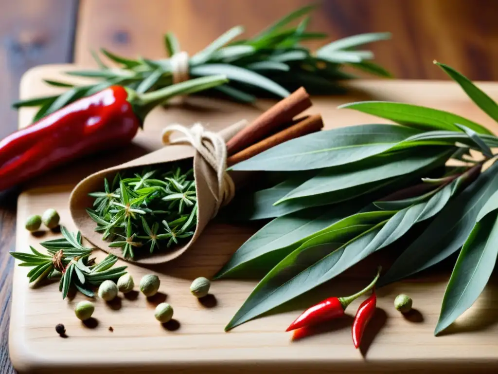 Un festín visual de hierbas y especias en rituales culinarios, destacando su diversidad y belleza naturales