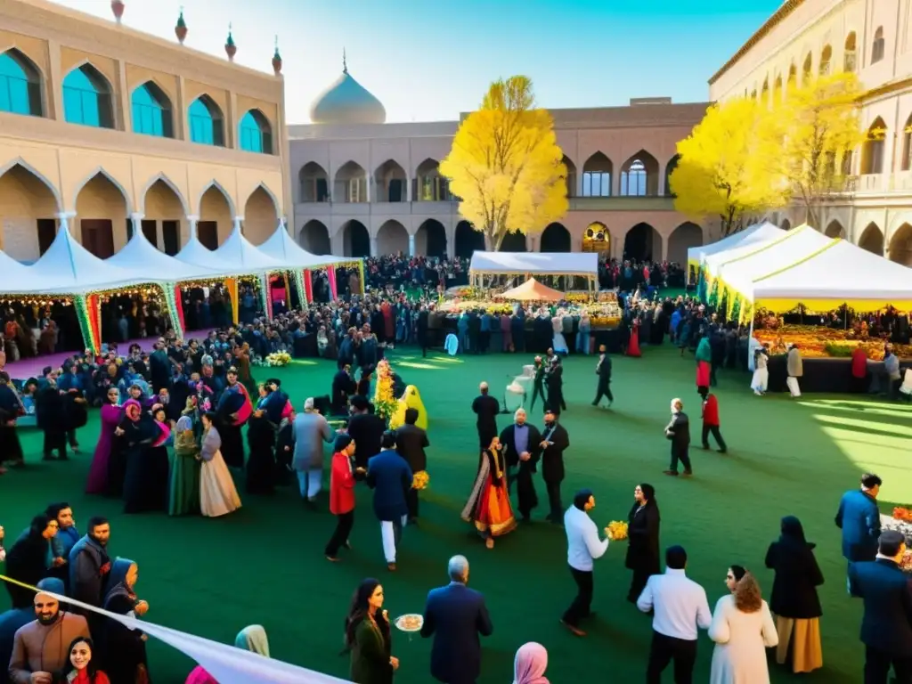 Festiva celebración del Nowruz en una bulliciosa plaza de la ciudad, con bailes, música y comida tradicional bajo coloridas decoraciones