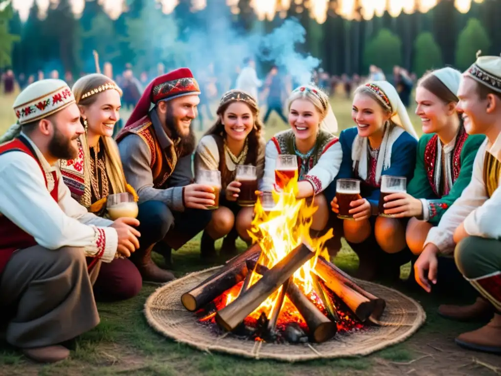 Representación festiva de la Noche de Iván Kupala con personas vestidas con trajes eslavos, disfrutando de Kvass y música en la naturaleza exuberante