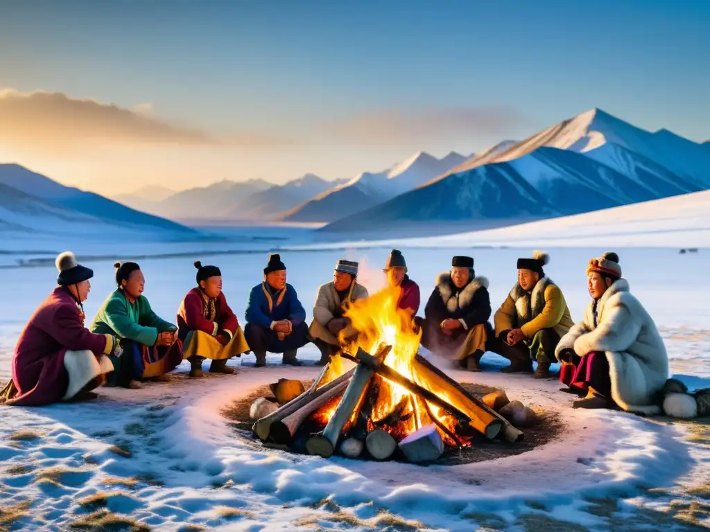 Mongolian nomads in vibrant clothing celebrate Festival Águilas de Oro Mongolia, surrounded by majestic landscape and golden light