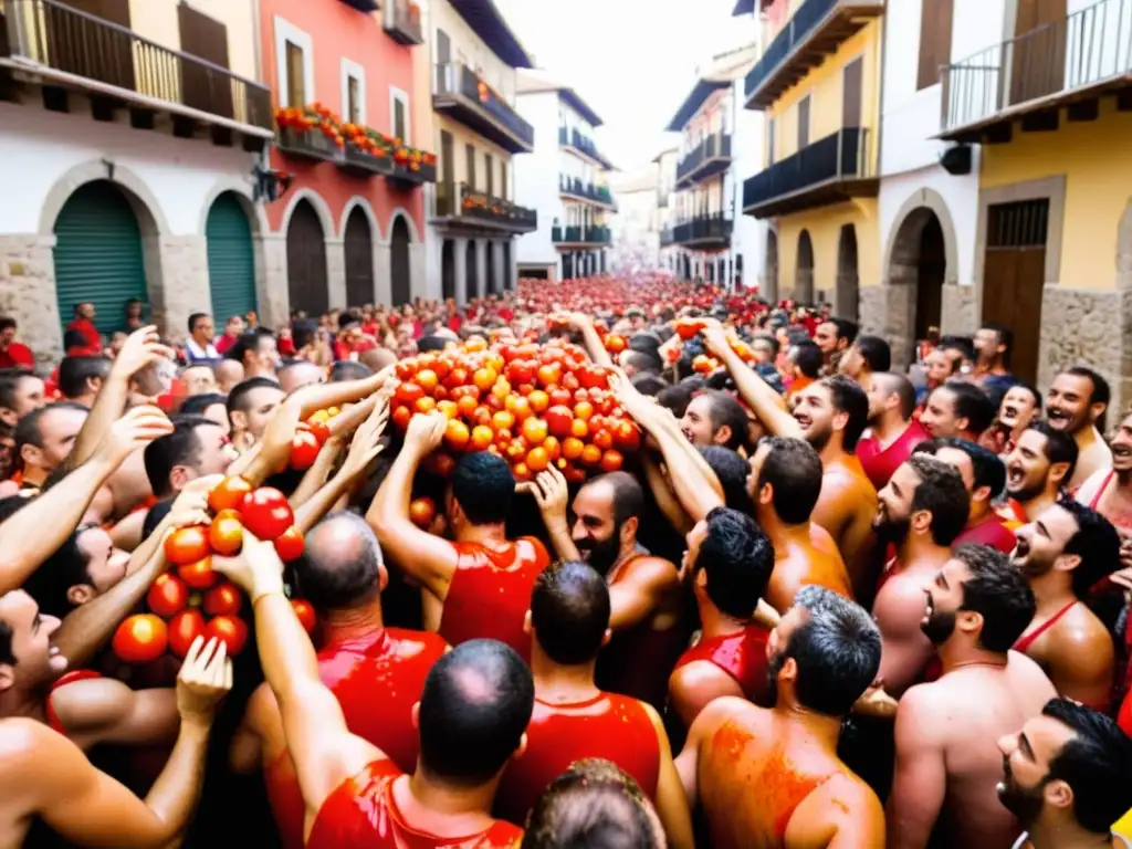 Festival La Tomatina España: Calle bulliciosa y colorida en Buñol, llena de gente lanzándose tomates, con arquitectura tradicional y ambiente festivo